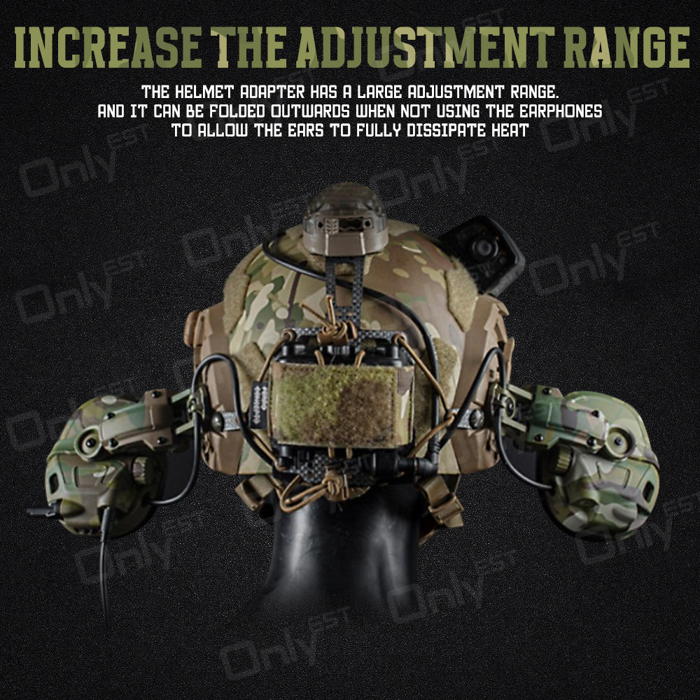 Tactical headset opens in all directions when mounted on the helmet to allow ventilation and cooling of the ears.