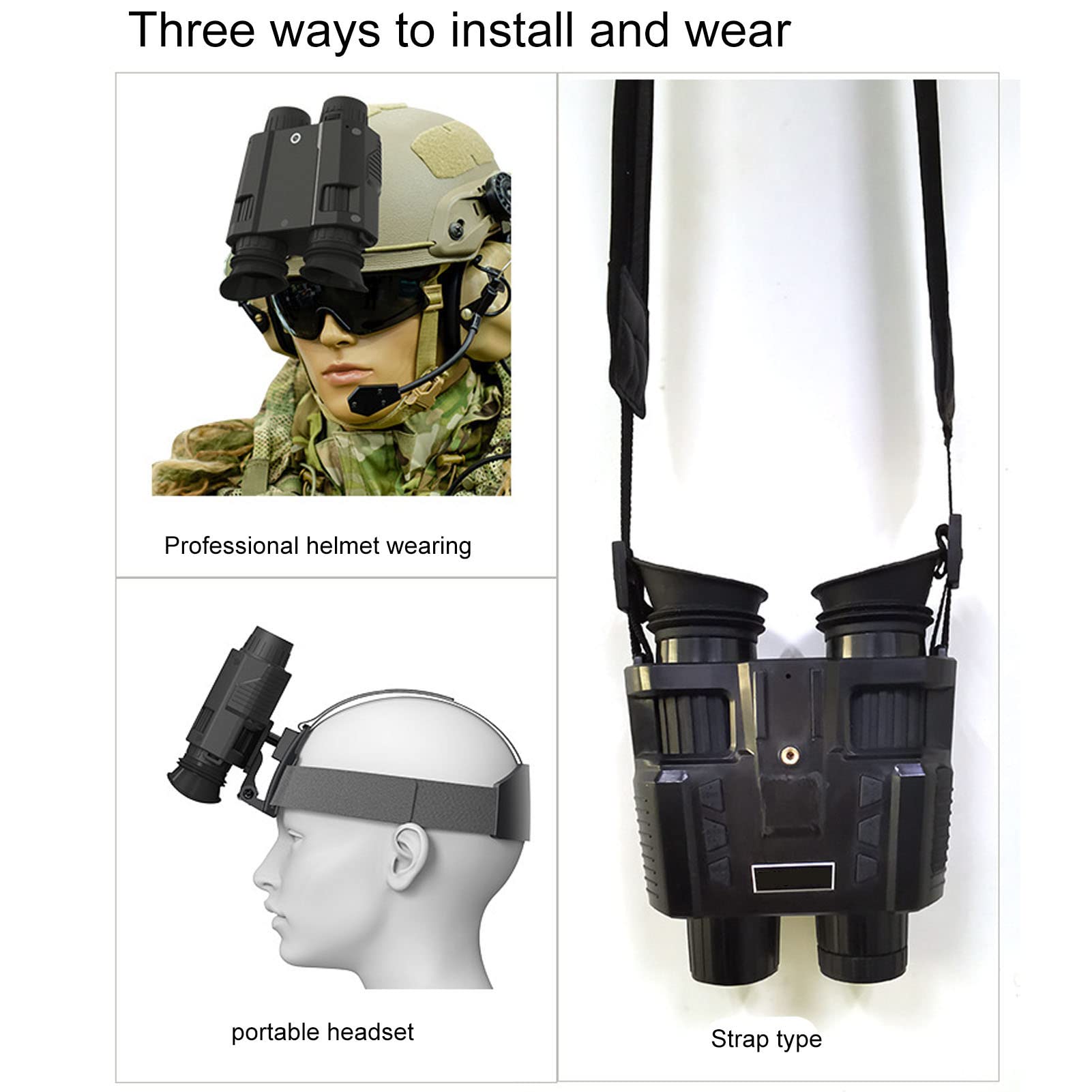 Tactical night vision can be worn on the head with a strap or attached to a helmet with a bracket.